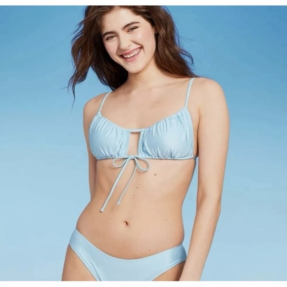 New Wild Fable Women's Shirred Cut Out Tie-Front Bralette Bikini Top Blue Large - Picture 1 of 11